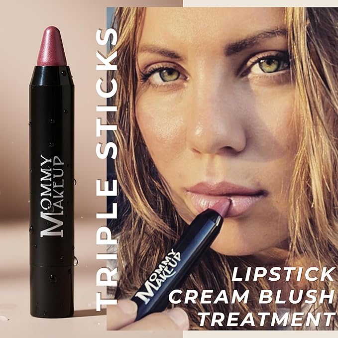 Mommy Makeup Triple Sticks Lipstick, Cream Blush & Treatment All-In-One with Shea & Cocoa Butter - Soft & Creamy Moisturizing Lip Crayon For Lips & Cheeks (Pink Daisy)