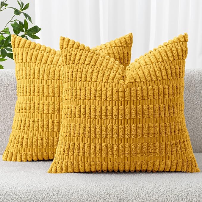 MIULEE Euro Corduroy Decorative Throw Pillow Covers 24x24 Mustard Yellow | Pack of 2 Sham Soft Boho Striped Pillow Covers Modern Farmhouse Home Decor For Sofa Living Room Couch Bed