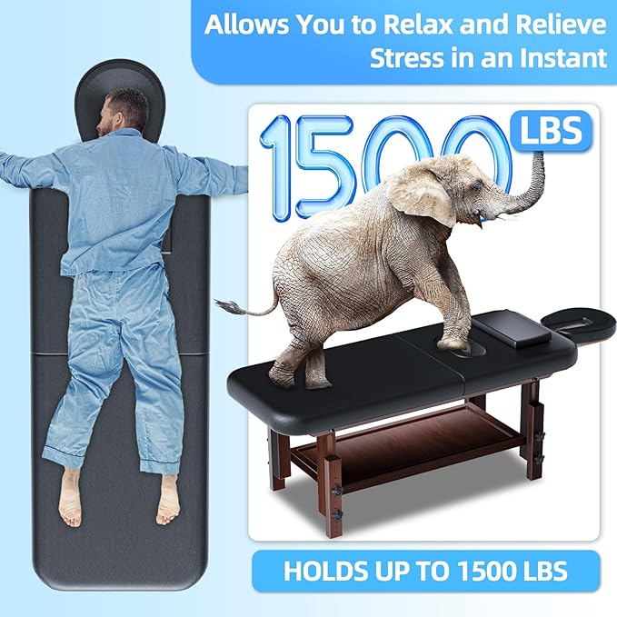 Massage Table 31IN Wide with Hight Adjustable Legs and Backrest for Treatment, Black PU Leather Professional Spa Bed Load1500 LBS, Spa Table with Storage for Footmassage Facial CareSpa Tattoo