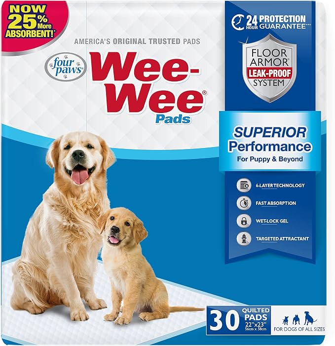 Four Paws Wee-Wee Superior Performance Unscented Puppy Pee Pads for Dogs & Puppies, Quilted Leak-Proof Dog Housebreaking Potty Training Floor Protection, Pet Supplies, 22" x 23", 30 Count