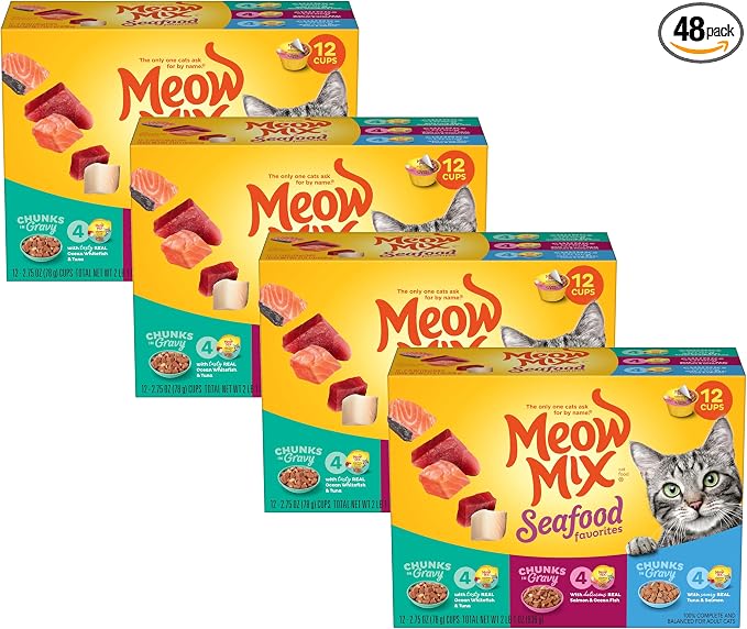 Meow Mix Seafood Favorites Chunks in Gravy Wet Cat Food Variety Pack, 2.75 Ounce (Pack of 48)