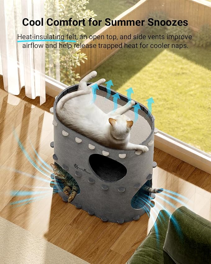 DownyPaws Cat House for Indoor Cats, 2-Storey Cat Bed Cave, Light Gray | Cat Hideaway Enclosed Bed,Cave Hideout Fort, Kitten Houses for Large Cats,Hide Box Bed Multicats Scratch Resistant