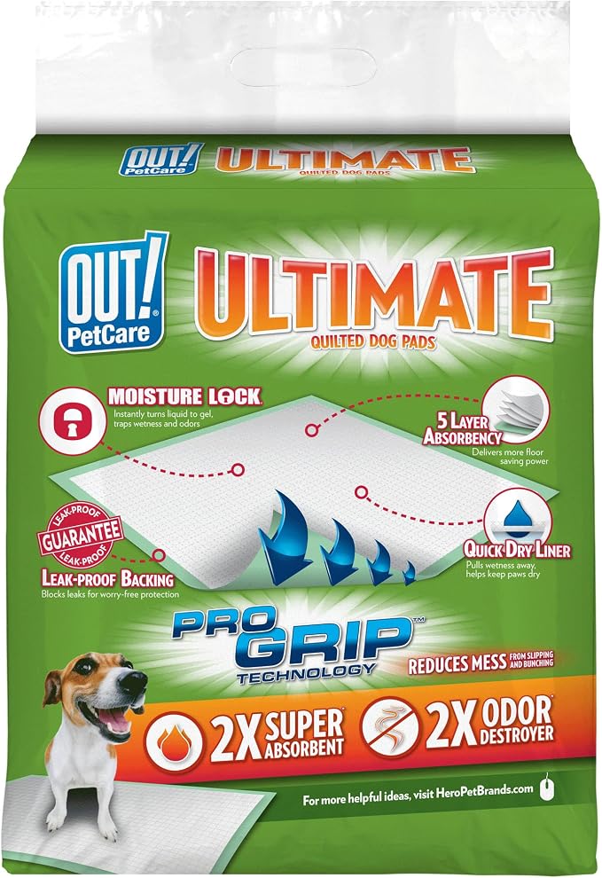 OUT! PetCare Large Dog Pee Pads, Leak Proof Training Pads, 21x21, 50 Count | Doggy Pee Pads, Leak Proof, Odor Control, Extra Absorbent, Potty Training, Housebreaking, Crate Training, Travel Use