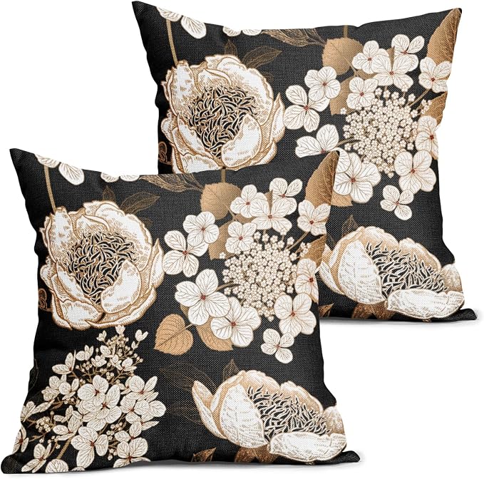 Vintage Flowers Pillow Covers 16X16 Inch Set of 2 White Floral Gold Leaves Botanical Decorative Pillow Cases Rustic Black Cotton Linen Cushion Case Farmhouse Home Decor For Sofa Couch Living Room