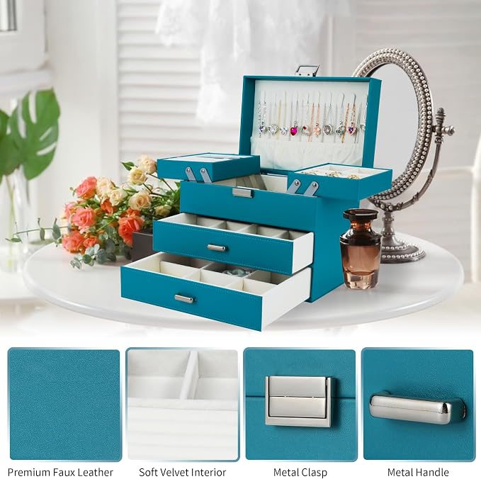 Jewelry Organizer Box, Large Jewelry Boxes for Girls, Space-Saving 4 Layers Jewelry Storage Case with Drawer, Gift for Women, PU Leather, Movable Metal Stand, Modern (Blue)