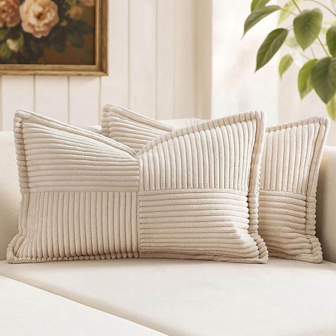 MIULEE Decorative Lumbar Throw Pillow Covers 14x22 Inch Beige 2 Pack | Boho Broadside Striped Patchwork Pillow Covers, Soft Corduroy Cushion Cases, For Couch Sofa Bed Livingroom Home Decor