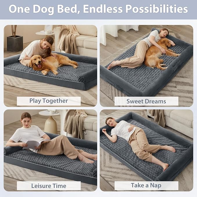 BFPETHOME Orthopedic Washable Human Dog Bed for Adult & Dog Cozy Sleep | Human Size Waterproof Big Soft Pet Couch Bed for Adult & Dogs Relax with Removable Cover Supportive Foam Dark Grey 61x43 Inch