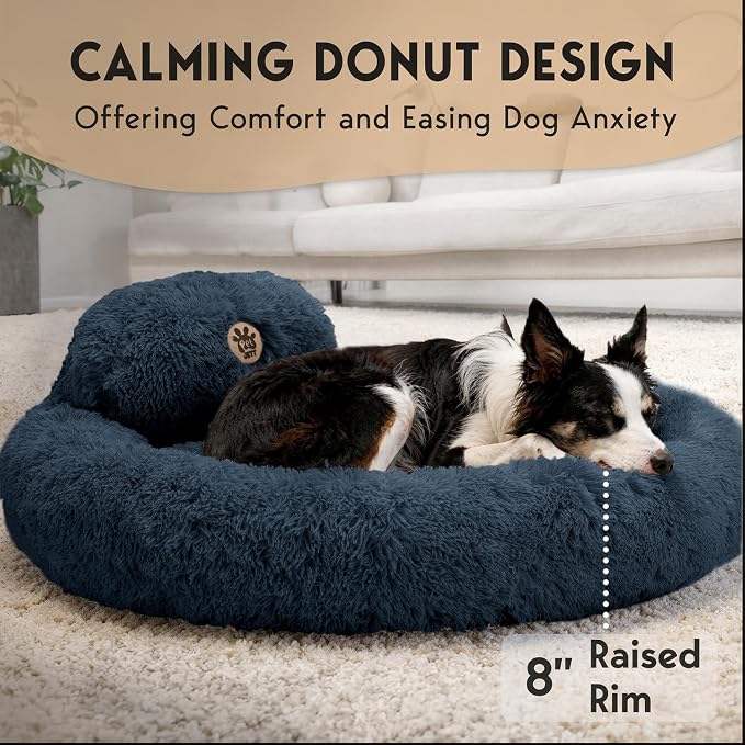 PetJett Dog Beds Large Sized Dog - 36'' Calming Round Bed, Washable Dog Bed - Anti-Slip Super Soft Donut Bed, Fluffy Faux Fur Anti-Anxiety Premium Comfort Pet Bed, Fits Dogs up to 80 lbs - Dark Grey