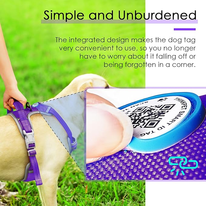 ThinkPet No Pull Harness Breathable Sport Harness with QR Code Dog Tag Reflective Dog Harnesses Smart ID Tagwith Handle Adjustable for Medium Large Dogs Back/Front Clip for Easy Control L Purple
