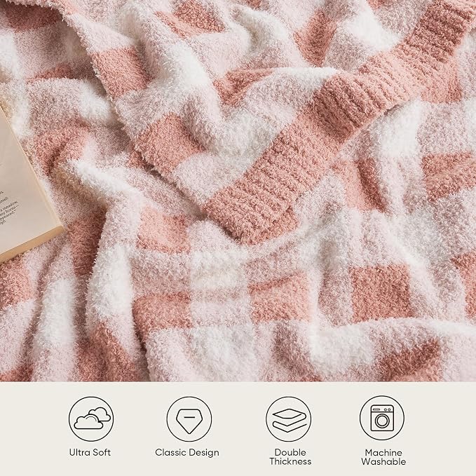Snuggle Sac Buffalo Plaid Bedding Blanket Twin Size, Super Soft, Cozy Warm Knit Decorative Blankets, Reversible Plaid Fluffy Throws for Bed, Plaid Pink, 60x80 Inches