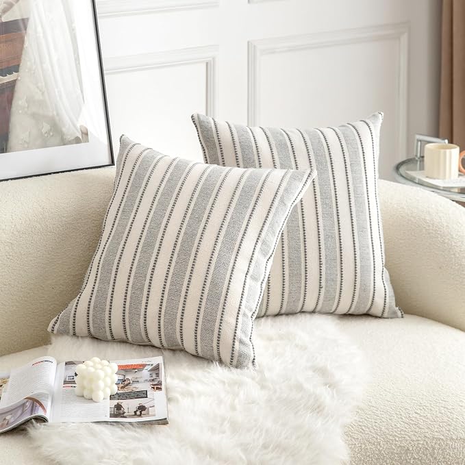 Cethom Decorative Boho Throw Pillow Covers, Farmhouse Textured Pillow Case, 22 x 22 Inch Set of 2, Chair Sofa Bedroom Living Room Home Decor Couch Cushion Case, Grey and Beige Striped