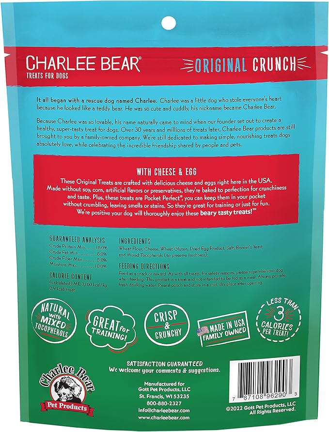 Charlee Bear Original Dog Training Treats, Cheese & Egg, 16 oz | Pocket-sized Training Treats, Crunchy Dog Treats, Limited Ingredient Recipe, Under 3 Calories per Treat, Made in USA