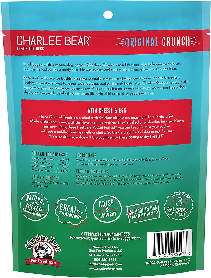 Charlee Bear Original Crunch Dog Treats, Cheese and Egg, 16 Ounce Resealable Bag, Low Calorie Training Treats for Dogs, Limited Ingredient, Healthy, Crunchy Dog Snacks, Made in USA (Pack of 2)