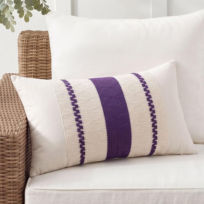 Fancy Homi Set of 1 Boho Purple Lumbar Decorative Throw Pillow Cover 12x20 Inch for Couch Bed Sofa Chair, Modern Organic Farmhouse Home Decor, Soft Cotton Cute Accent Rectangle Cushion Case