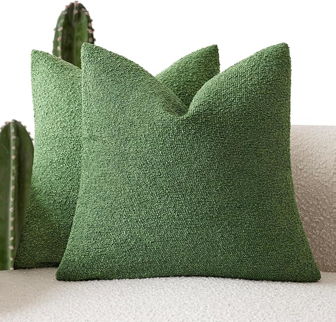 Foindtower Set of 2, Decorative Textured Boucle Throw Pillow Covers Accent Solid Pillow Cases Neutral Soft Cozy Couch Cushion Case for Chair Sofa Bedroom Living Room Home Decor 24x24 Inch Forest Green