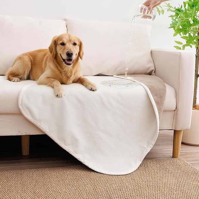 Waterproof Blanket - Reversible Dog Throw as Furniture Protector | Soft Velvet & Flannel, TPU Leak-Proof Liner, Machine Washable, Fits Couch and Bed, 25" x 35", Beige/Khaki