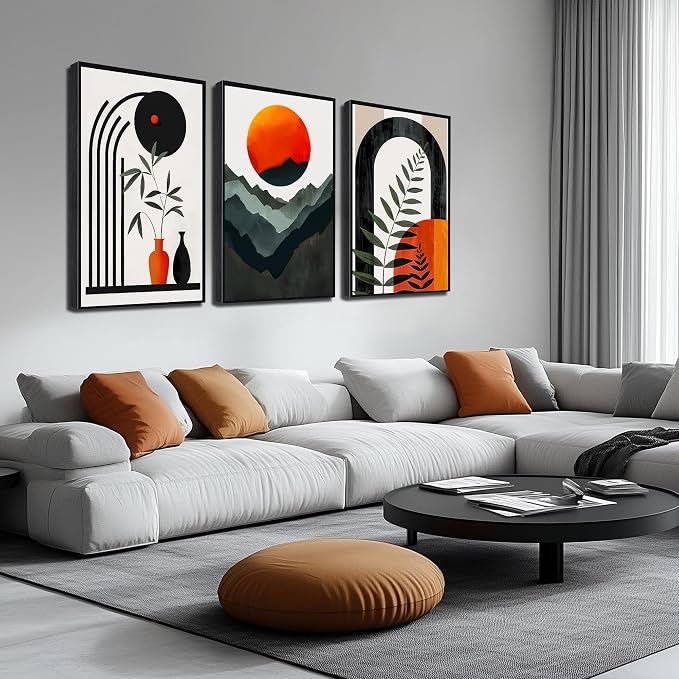 Framed Boho Wall Art for Living Room, Bohemian Canvas Wall-Decor for Bedroom, Mountian Moon and Geometric Shapes Picture Prints, Size 24 x 36 Inches 3-Pieces