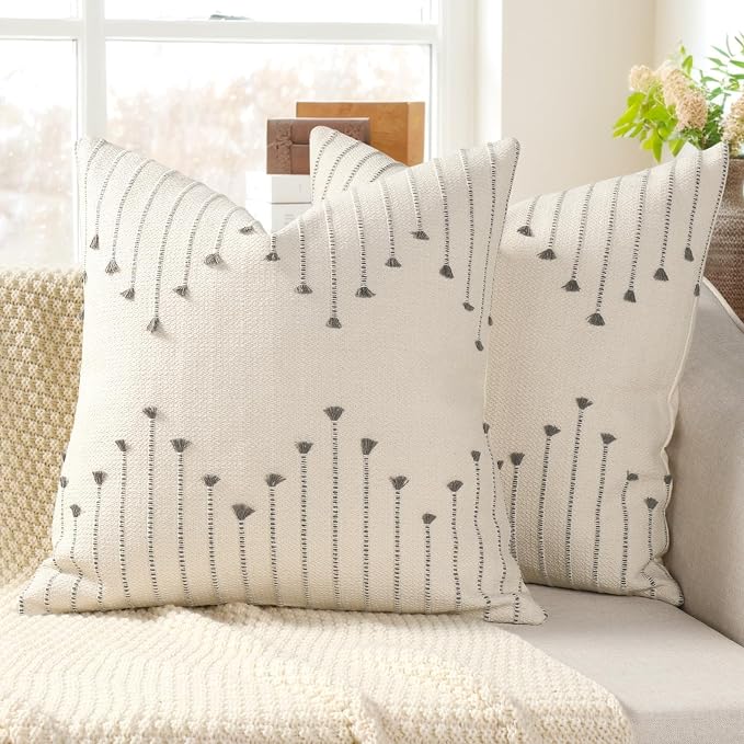 YCOLL Boho Outdoor Throw Pillow Covers 18x18 Set of 2 Neutral Woven Decorative Pillowcases Cotton Tufted Couch Pillows Modern Farmhouse Cushion Covers for Sofa Couch Bed Living Room Home Decor, Gray