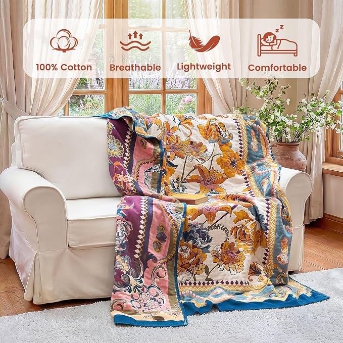 MSGKV Boho Throw Blanket 60"x80" 100% Cotton Victoria Floral Throw for Bed | 100% Cotton Throw, Victoria Floral, Reversible Woven, Lightweight Comfort, Farmhouse Decor, All Seasons, Machine Washable