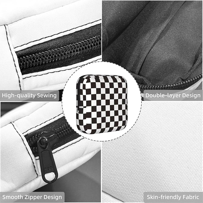 Black And White Checkered Racing Flag Checkerboard Square Grid Period Bag For Women,Portable Sanitary Napkin Period Pad Pouch For Purse, Small Make Up Bags