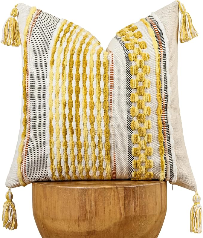 Chenille Striped Textured Boho Throw Pillow Covers Aesthetic with Tassels Woven Decorative Pillow Case for Couch Bed Sofa Bedroom Modern Funky 18 x 18-Inch Yellow