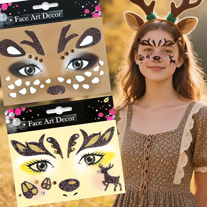 Christmas Elk Glitter Face Tattoo Stickers for Kids - Self-Adhesive Temporary Body Art Makeup for Halloween,Cosplay, Festival - Waterproof Fake Tattoo Stickers - 2Pcs (Reindeer & Elk)