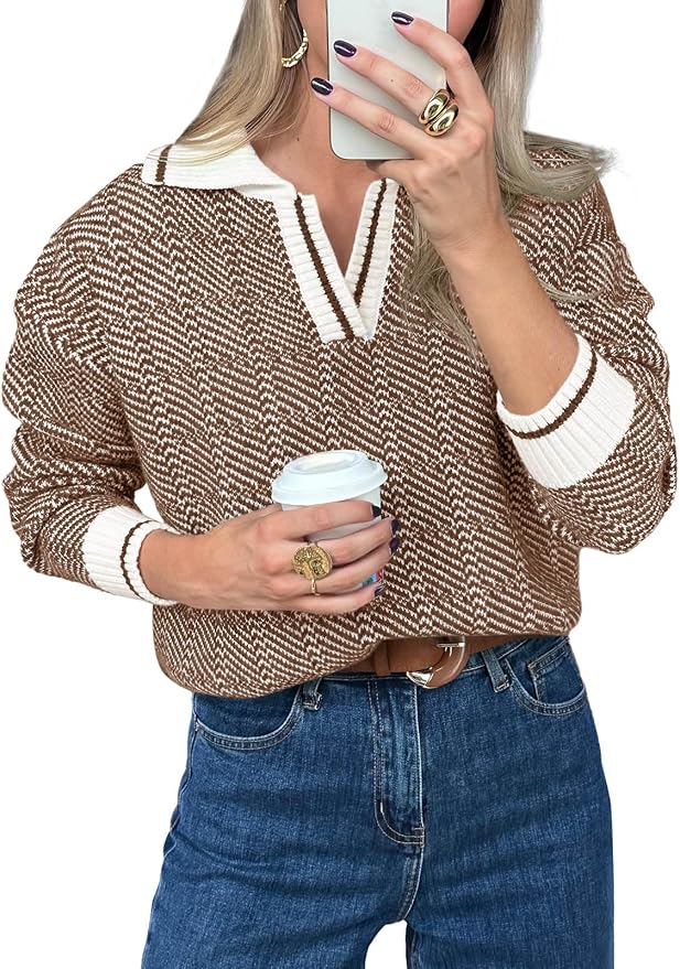 Saodimallsu Womens Fall Sweaters Tops Lapel V Neck Knit Color Block Shirt | Winter,Long Sleeve,Casual,Soft,Pullover,Cozy,Ribbed,Ladies,Chunky,Warm Sweaters,Checkered,Tunic,Work
