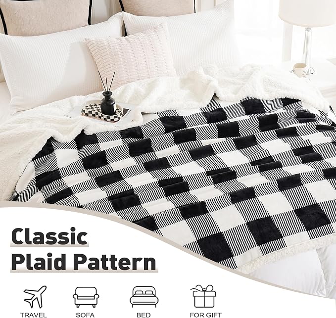 PU MEI Sherpa Fleece Throw Blanket 80" x 90" Reversible Plush Fluffy Large Big Blanket Lattice Flannel Blankets for All Season Use, Black and White