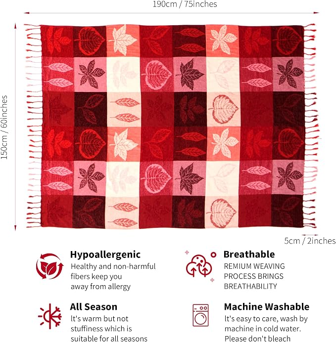 Bohemian Chenille Jacquard Tassel Throws - Reversible Red&Pink Maple Leaf Design for Boho Hippie Vibes - Oversized Blankets for Large Couch, Furniture, Sofa, Chair