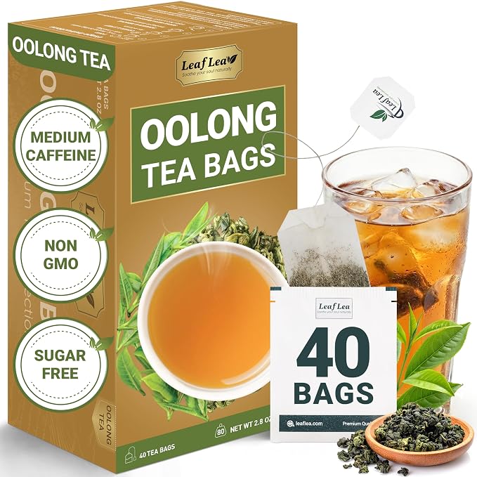 LeafLea Oolong Tea Bags, 100% Pure Leaves, Smooth Toasted Notes, Sugar-Free | 40 Te Oolong Bags, Whole Camellia Sinensis Leaves, Golden Amber Cup, Light Roast Aroma, Caffeinated, Individually Wrapped