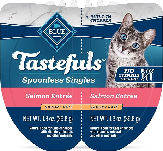 Blue Buffalo Tastefuls Salmon Spoonless Singles, 2.6 oz, 24 ct | Paté Style, Silky-Smooth Texture, Twin-Pack Trays