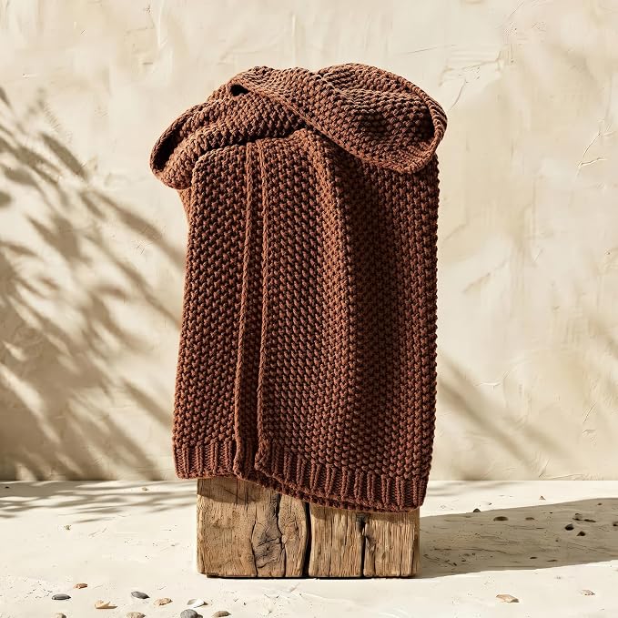 Organic Cotton Chunky Knit Throw Blanket, 50 x 60 Terracotta | OCS Certified Organic Cotton, Seed Stitch Knit, Soft & Breathable, Cozy Midweight, Decorative Throw for Couch, Bed & Sofa