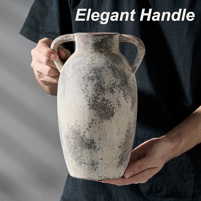 PORCER 9.84 Inch Ceramic Vase with Handles, Tuscan Decor Antique Terracotta Vase, Rustic Decorative Flower Vase for Home Decor, Farmhouse, Living Room, Table, Bedroom, Office, Entrance- Gray
