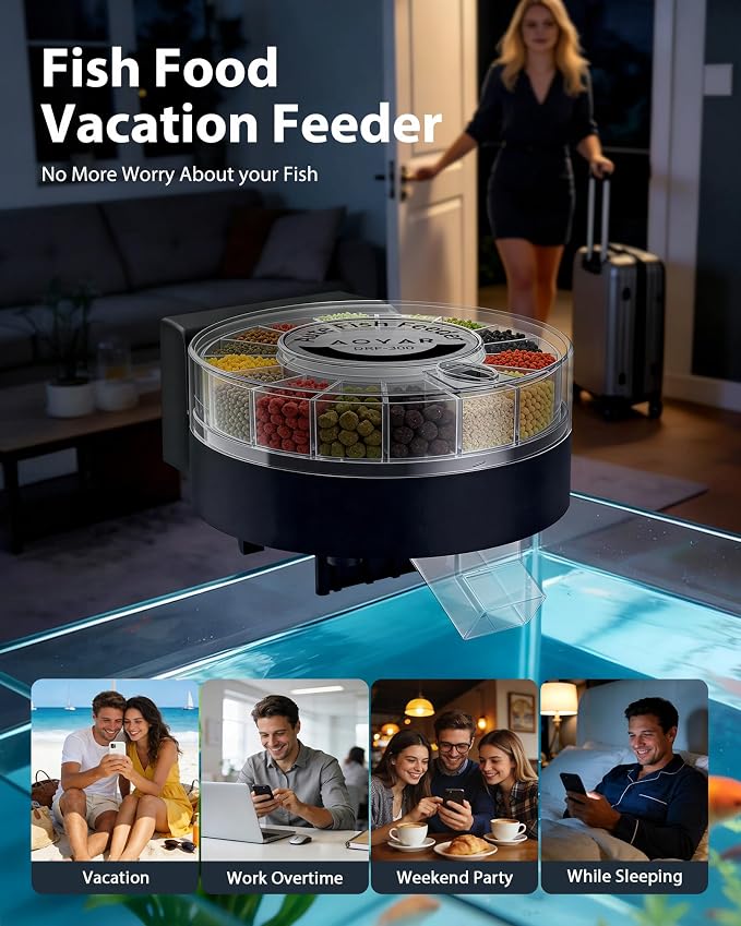 Automatic Fish Feeder Dispenser for Aquarium: Auto Precision Food Feeding 300ml Large Capacity for Powder Flakes Pellet, Battery Feeders Timer for Small Tank Turtle Betta Koi Vacation Weekend Day