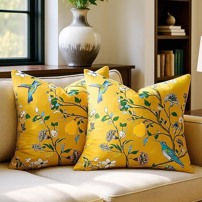MUSSEL Mustard Yellow Floral Decorative Pillow Covers 18x18 Set of 2 | Soft Velvet,Wild Flower Plant,Throw Pillows Case,Square,Colorful Farmhouse Cushion Covers,Home Sofa Bed Couch Decor