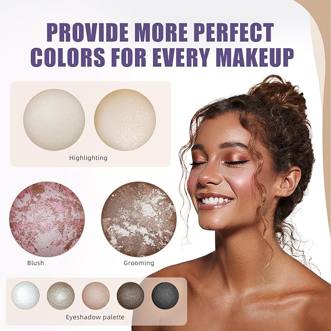 9 Colors Baked Makeup Palette, 4 in 1 Make up Palette with Bronzer, Blush,Highlighters,Eyeshadows,Highly Pigmented& Long-Wearing Formulas Travel-Friendly Beauty Essential