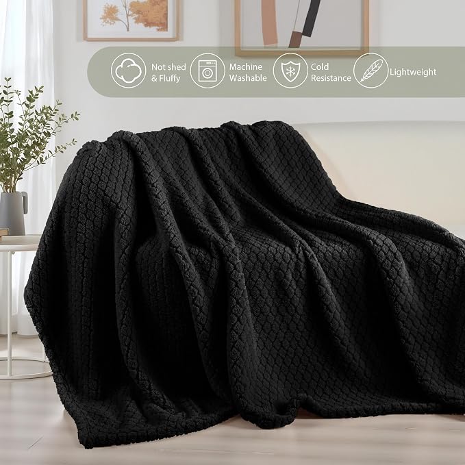 Exclusivo Mezcla Soft Fleece Queen Size Blanket for Bed, Black | Jacquard Lightweight Cozy Bed Blanket, Breathable Decorative Fuzzy Textured All Season Use, 90x90 Inches