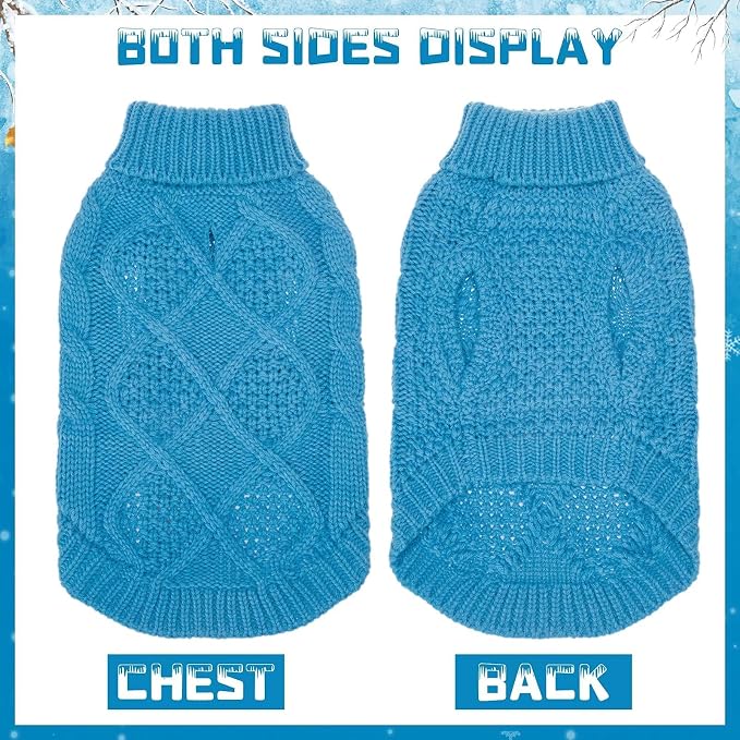 Mihachi Turtleneck Dog Sweater - Winter Coat Apparel Classic Cable Knit Clothes with Leash Hole for Cold Weather, Ideal Gift for Pet in New Year Lake Blue