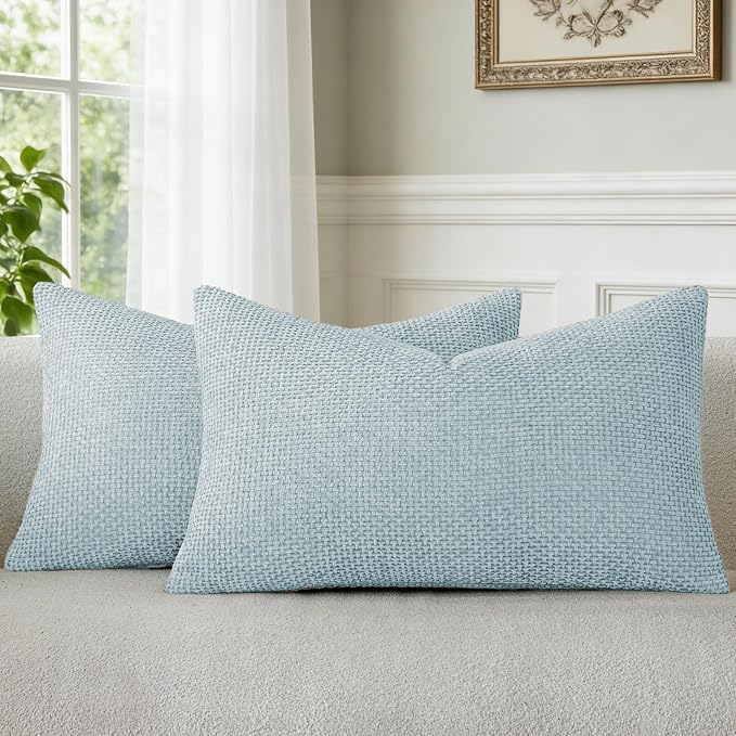 a moment Baby Blue Chenille Throw Pillow Covers 12x20 Inch Pack of 2 Modern Decorative Throw Pillow Covers Farmhouse Cross Covers Home Decor for Sofa Bedroom Living Room