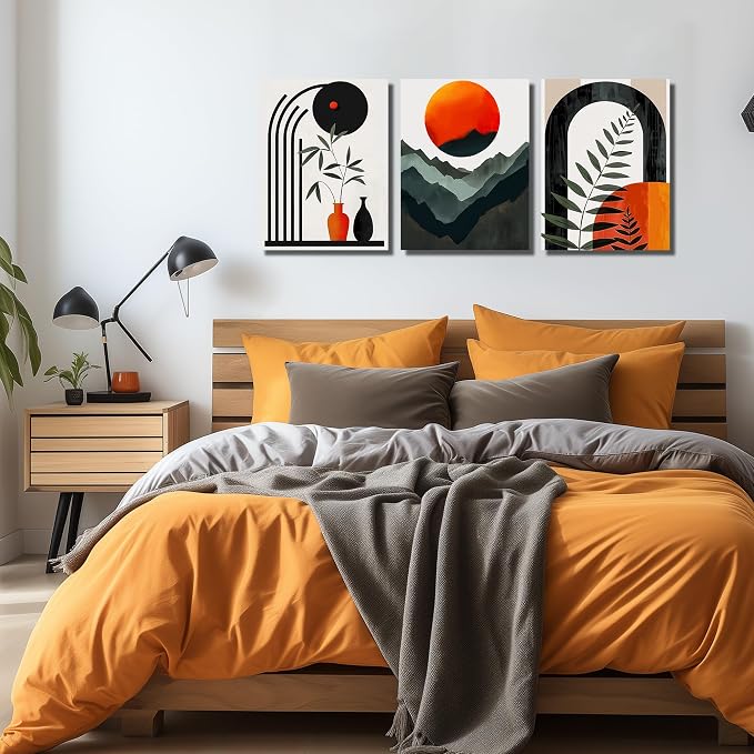 DNIEOTU Bohemian Wall Art for Living Room, Boho Geometric Shapes Canvas Wall-Decor for Bedroom, Minimalist Mountain and Moon Picture Prints, Size 16 x 24 Inches 3-Pieces