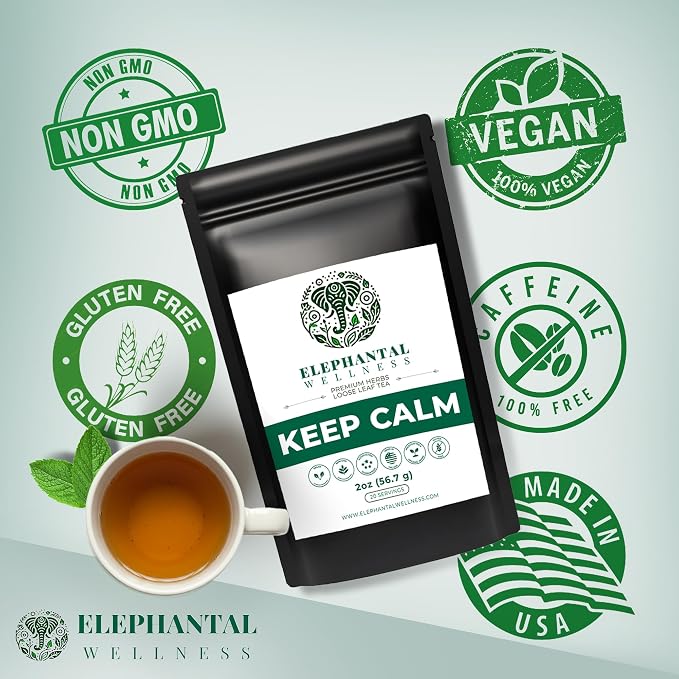 Elephantal Wellness Keep Calm Herbal Tea | Stress Relief & Mood Support with Ashwagandha, Lemon Balm, Chamomile, Valerian & St. John’s Wort | Handmade, Caffeine-Free Loose Leaf Blend | 2oz, 20 Servings