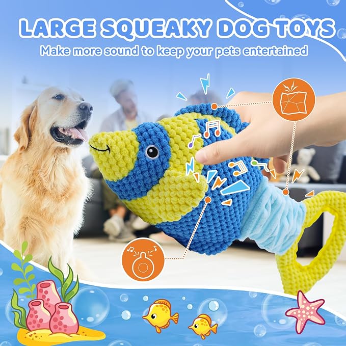 YZHDUXIU Fish Dog Squeak Toys, Elastic Band Tug of War Dog Toy with Crinkle