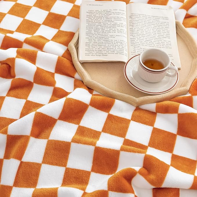 LOMAO Throw Blankets Flannel Blanket with Checkerboard Grid Pattern Soft Throw Blanket for Couch, Bed, Sofa Luxurious Warm and Cozy for All Seasons (Orange, 60"x80")