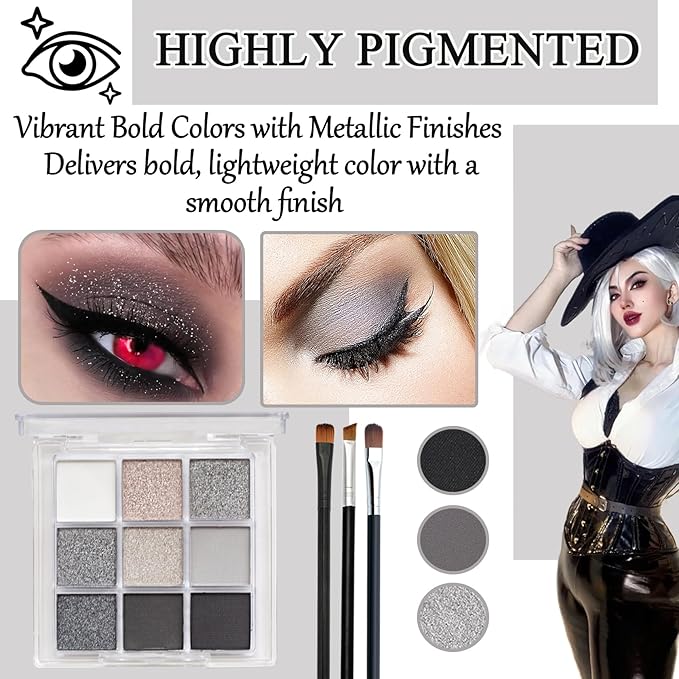 Black Grey Smoky Eyeshadow Palette,15 Colors Matte Shimmer Pigmented Eye Shadow Makeup Palette Set with 3 Eyeshadow Brushes,Glitter Eye Shadow Palette for Daily Halloween Goth Makeup(D)