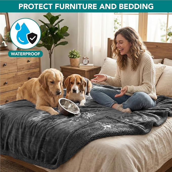 PetAmi Waterproof Dog Blanket for Large Dog Pet, 90x90 Queen, Dark Grey | 460 GSM Sherpa Fleece Reversible, Pee Proof Cat Blanket, Furniture Protector Cover for Bed Sofa Kennel, Washable, Queen Size