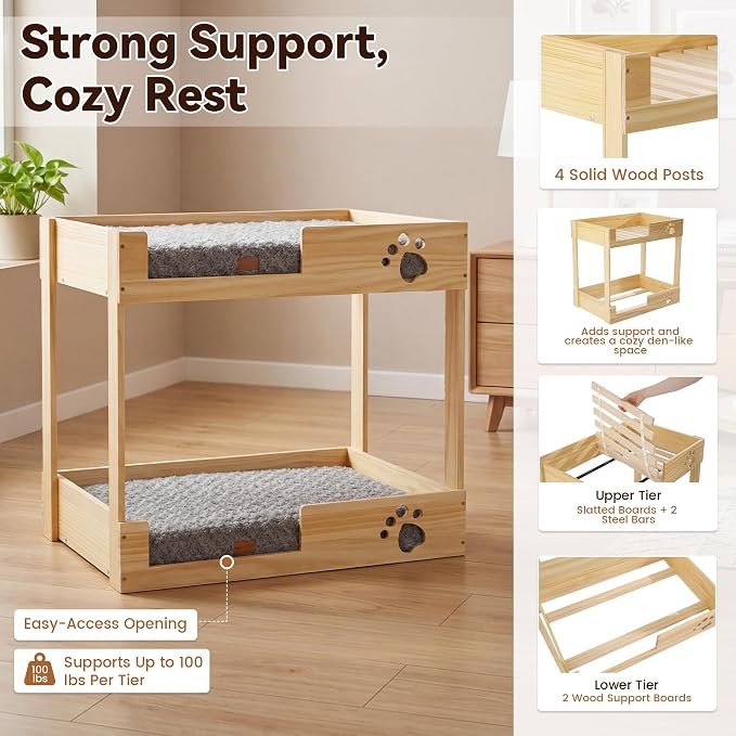 Wooden Bunk Dog Bed with 2 Memory Foam Beds | Modern Pet Furniture, Waterproof Liners, Washable Covers, 31.1 x 20.9 x 29.9 in, Bedside Window Perch, For Medium Dogs & Cats