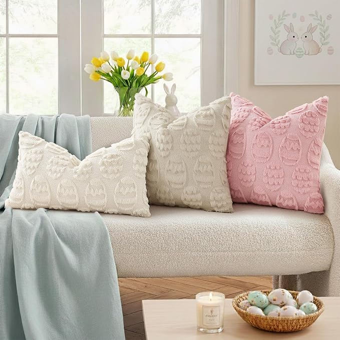 decorUhome Beige Faux Fur Egg Throw Pillow Covers 20x20 Set of 2 | Plush Soft Wool Jacquard Beige Cushion Covers, Modern Farmhouse Neutral Easter Holiday Decor Pillow Covers for Couch Sofa Bed