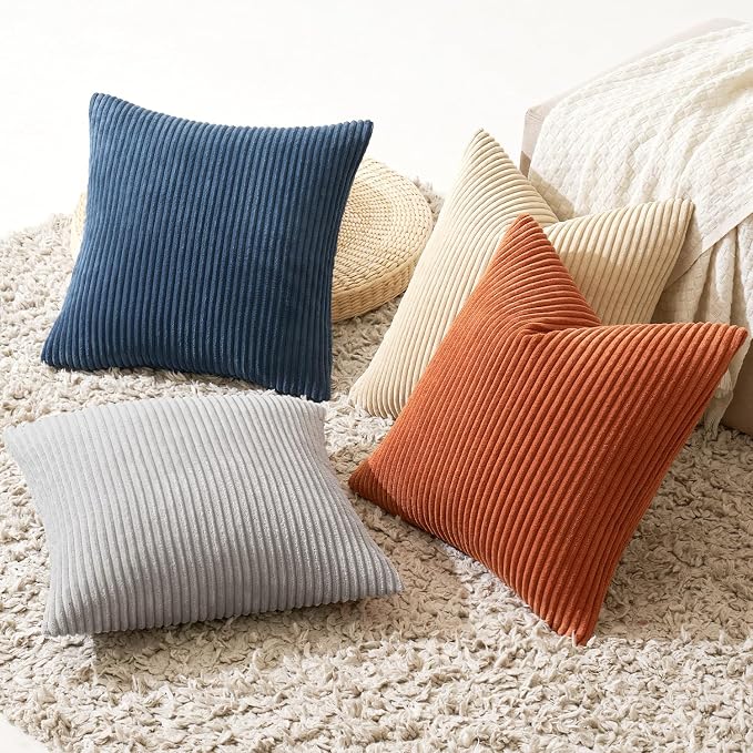 MIULEE Soft Corduroy Decorative Throw Pillow Covers Blue-Yellow 18x18 | Set of 4, Mordern Nordic Coastal Decor, Ocean Ember Set, Boho Farmhouse Cushion Covers for Couch Bed Sofa Living Room