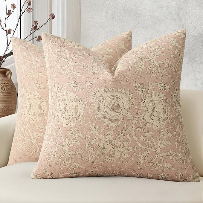 Vintage Floral Print Throw Pillow Covers 18x18 Set of 2 Neutral Modern Farmhouse Pillowcases Accent Decorative Cushion Covers Boho Home Decor for Couch Sofa Chair Bed Living Room, Champagne Pink