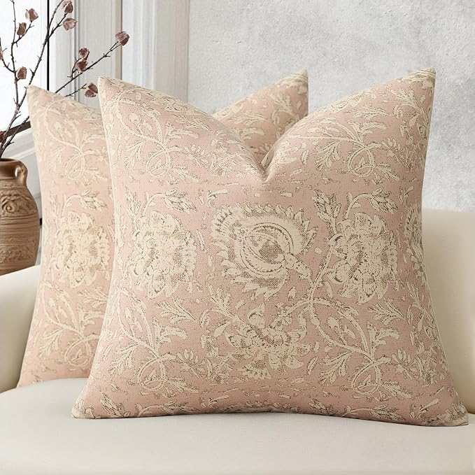 Vintage Floral Print Throw Pillow Covers 24x24 Set of 2 Neutral Modern Farmhouse Pillowcases Accent Decorative Cushion Covers Boho Home Decor for Couch Sofa Chair Bed Living Room, Champagne Pink